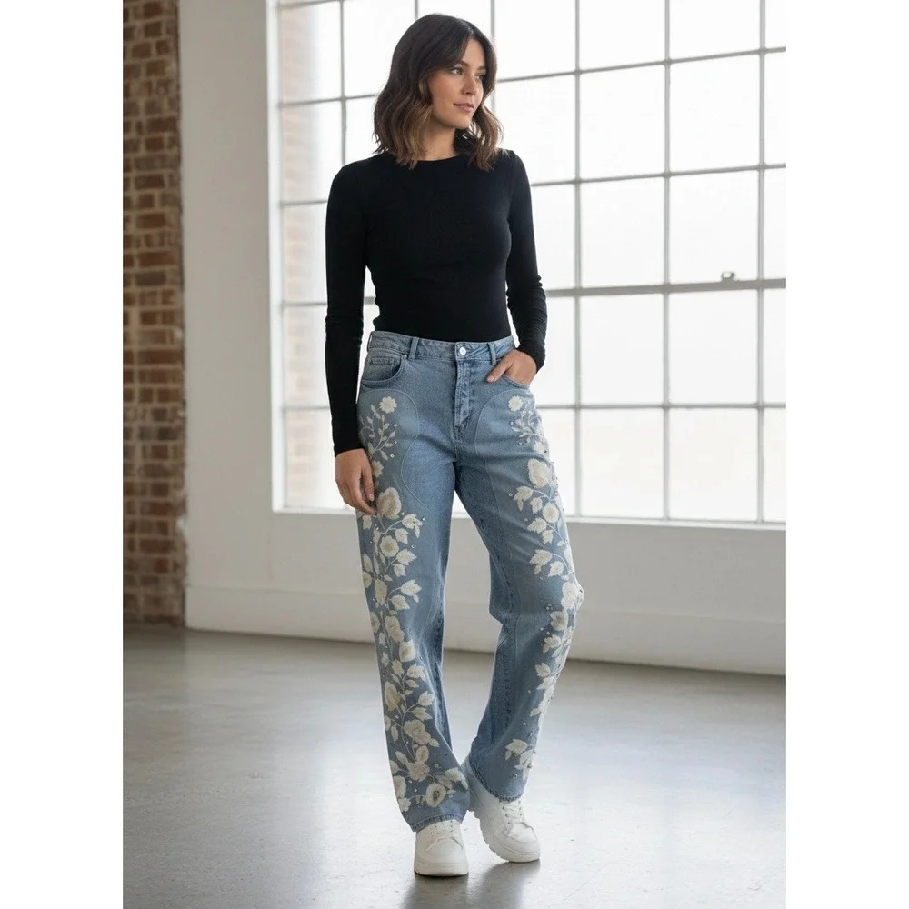 Blue B Collection Floral Embroidered Rhinestone Jeans Straight Leg Womens M - Picture 1 of 9